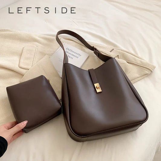 Vintage 2 PCS/SET Simple Solid Color Shoulder Bags for Women Leather Handbags and Purses Lady Designer Underarm Bag