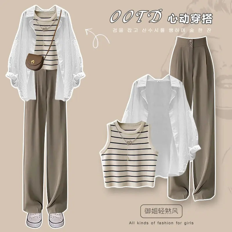 Spring and Autumn Set Women's  New Large Women's Casual Shirt Knitted Tank Top High Waist Wide Leg Pants Three Piece Set