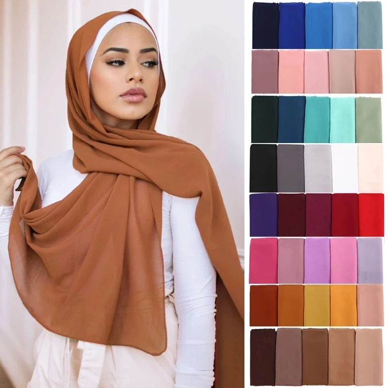 Chiffon Hijab Scarf 72*175cm Solid Color Muslim Fashion Shawl Headscarves For Women Islam Head Wraps Ladies Scarves Veil Ramadan
