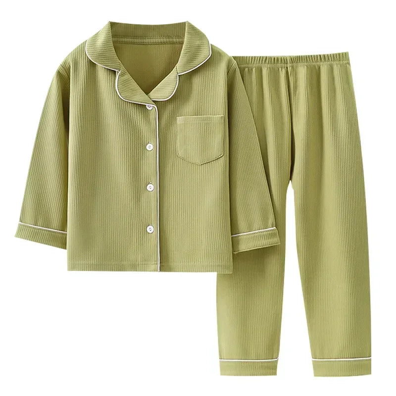 Toddler Baby Kids Boys Casual Pajama Suit Boy Long Sleeve Front Pocket Lapel Tops+ Long Pants Girls Pajama Sets