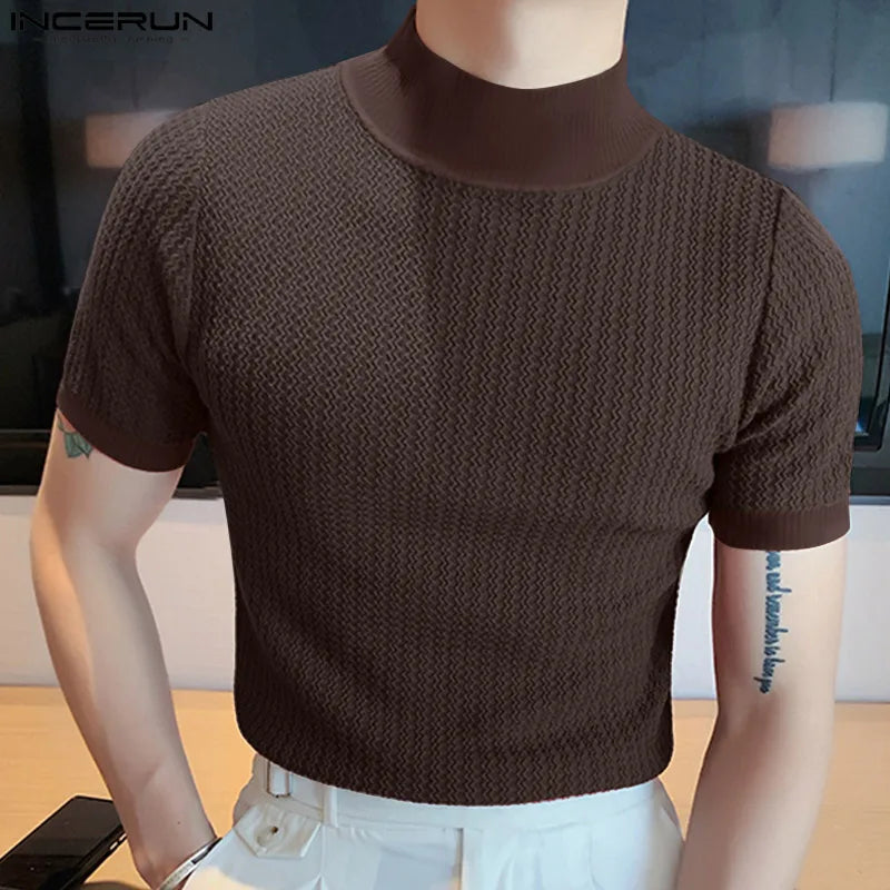 men T-shirt Casual Streetwear High-neck Solid Color Short-sleeved Bottoming Tees Luxury Clothing