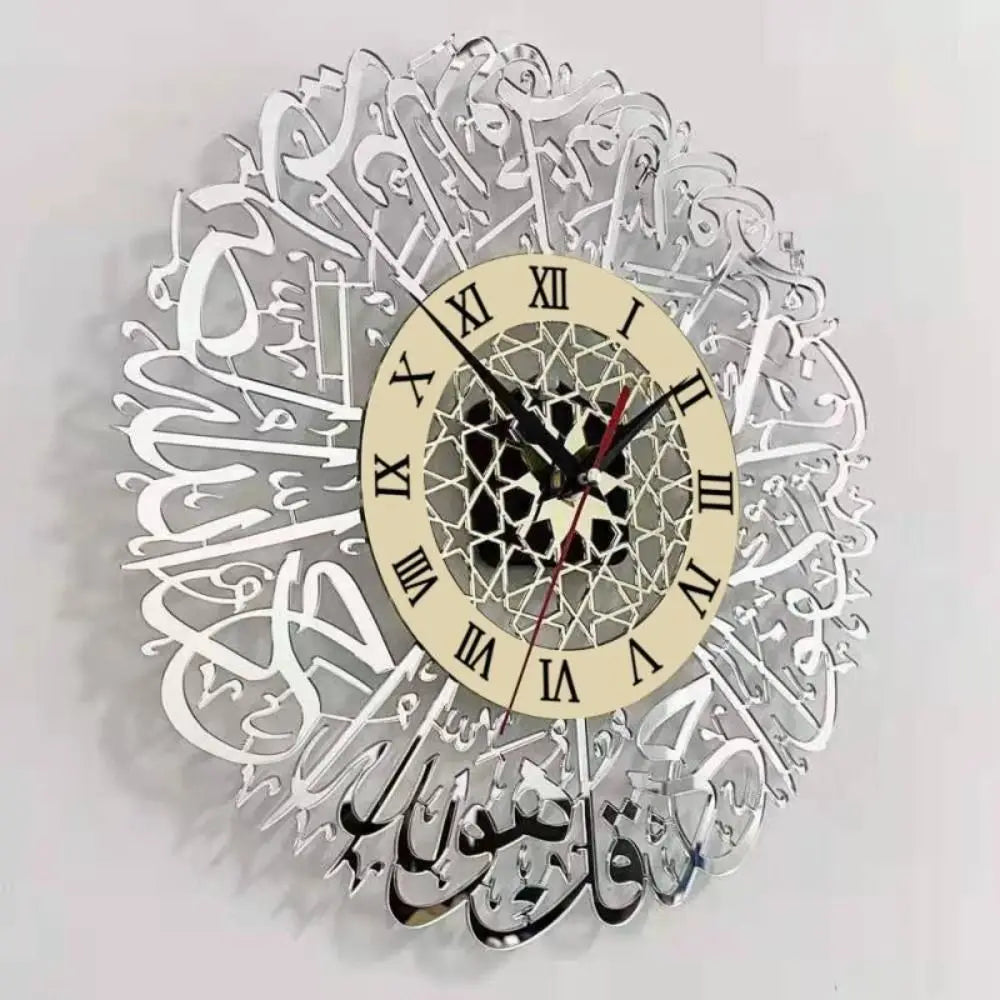 Acrylic Surah Al Ikhlas Wall Clock Islamic Calligraphy Eid Decor Wall Clock Acrylic Mirror Decoration Clock 3D Silent Quartz