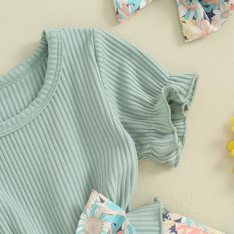 Toddler Girls Clothes Two Piece Outfits Floral Ribbed Patchwork Short Sleeve Princess Dress and Headband Summer Clothing
