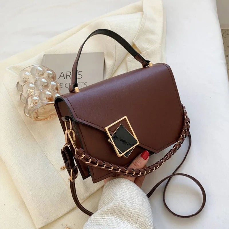 Women Square Shoulder Bag Chain Handle Small Handbags Solid Pu Leather Crossbody Bags Western Style Casual Messenger Bag