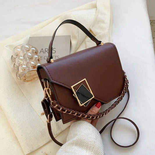 Women Square Shoulder Bag Chain Handle Small Handbags Solid Pu Leather Crossbody Bags Western Style Casual Messenger Bag