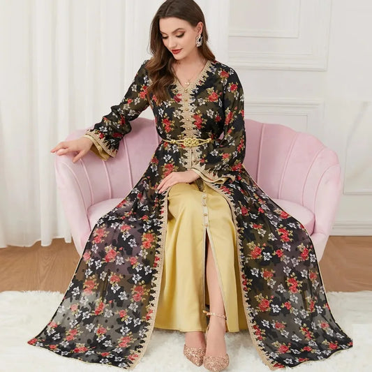 Luxury Eid Muslim Sets for Women Ramadan Arabic Embroidery Abaya Dress Islamic Jalabiya Marocain Clothes Moroccan Kaftan Robe