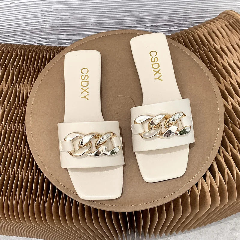 New Fashion Women's Slippers Square Toe Chain Slippers Flat Slide Sandals Beach Flip Flops Metal Decoration Casual Shoes