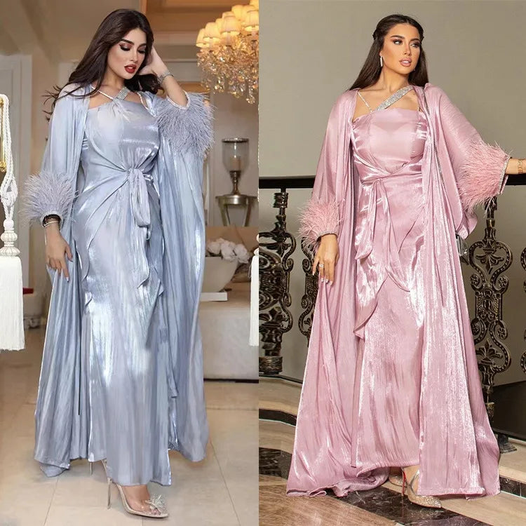 Ramadan Middle East Muslim Women's Feather Hot Diamond Three Piece Dress Islamic Robe