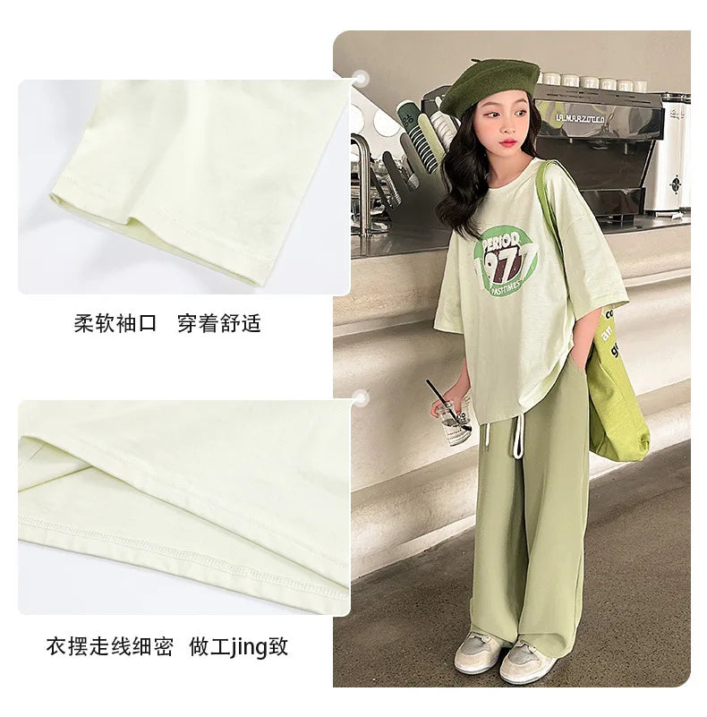 autumn Girl Clothes Outfits New Korea Short Sleeve half sleeve T-shirt + wide leg Pants Trousers Teens 6 7 8 10 11 12 year