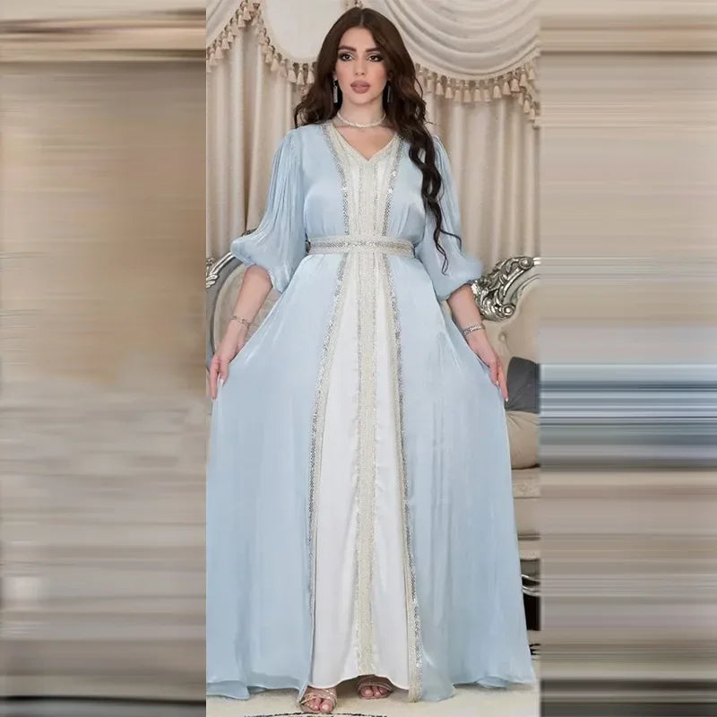 Morocco Muslim Party Dress for Women Satin Abaya 3 Piece Matching Set Turkey Dubai Luxury Kaftan Evening Long Dresses Eid Abayas