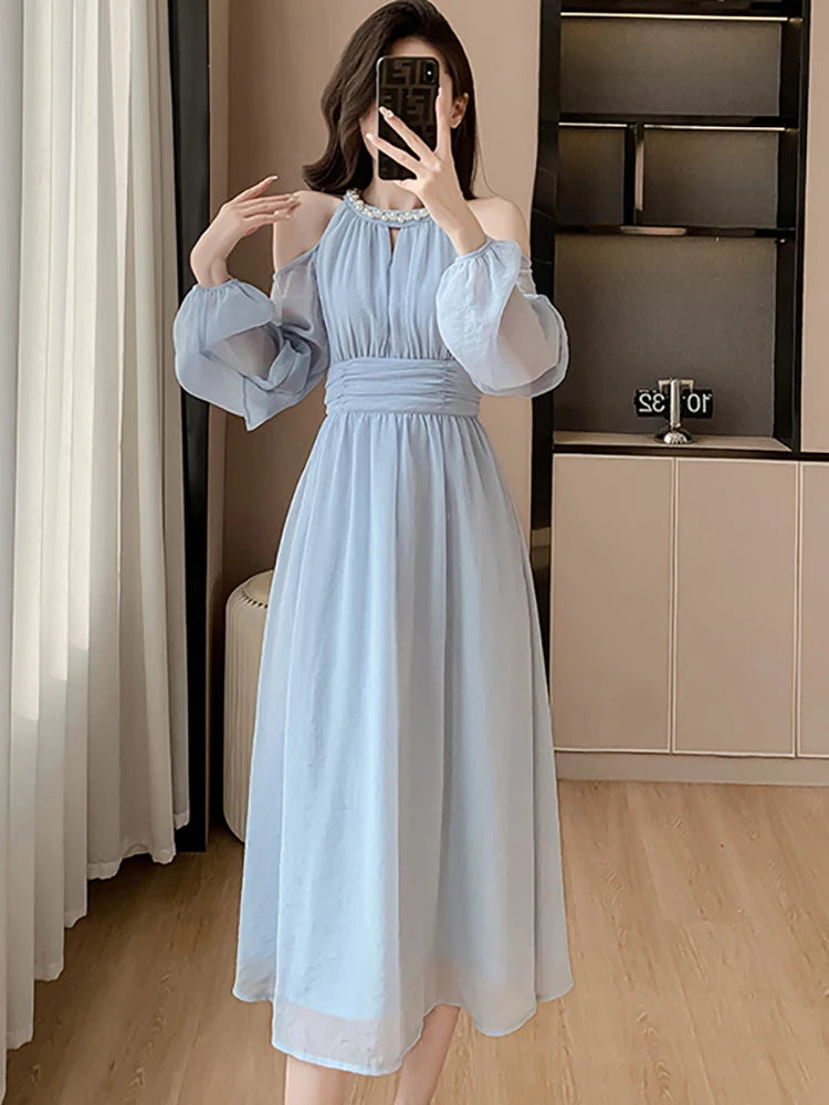 Women Blue Chiffon Off Shoulder Sexy Long Dress Spring Elegant Chic Diamonds Casual Dress  Korean Fashion Bodycon Prom Dress