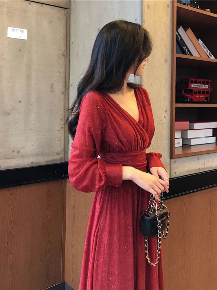 Summer Fashion Women's Dress Glittering Sequin Design Feeling Waist Crimping Temperament Long Sleeved Skirt Slim Dress
