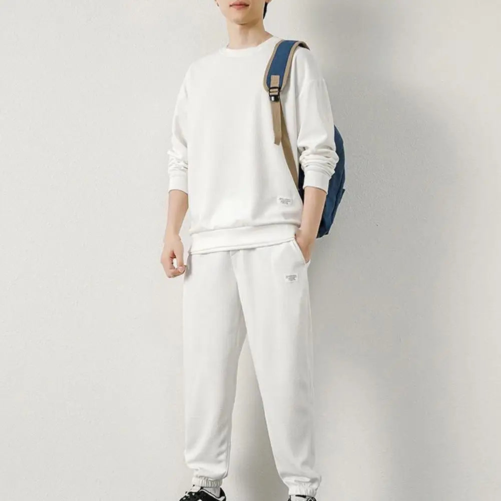 Men Top Trousers Set Men's Casual Waffle Texture Sweatshirt Suit with Elastic Waist Jogger Pants Set for Autumn Winter Youth