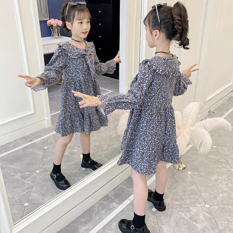 Girls autumn spring sailor New Children Casual Princess Teenager floral lace cotton long dress