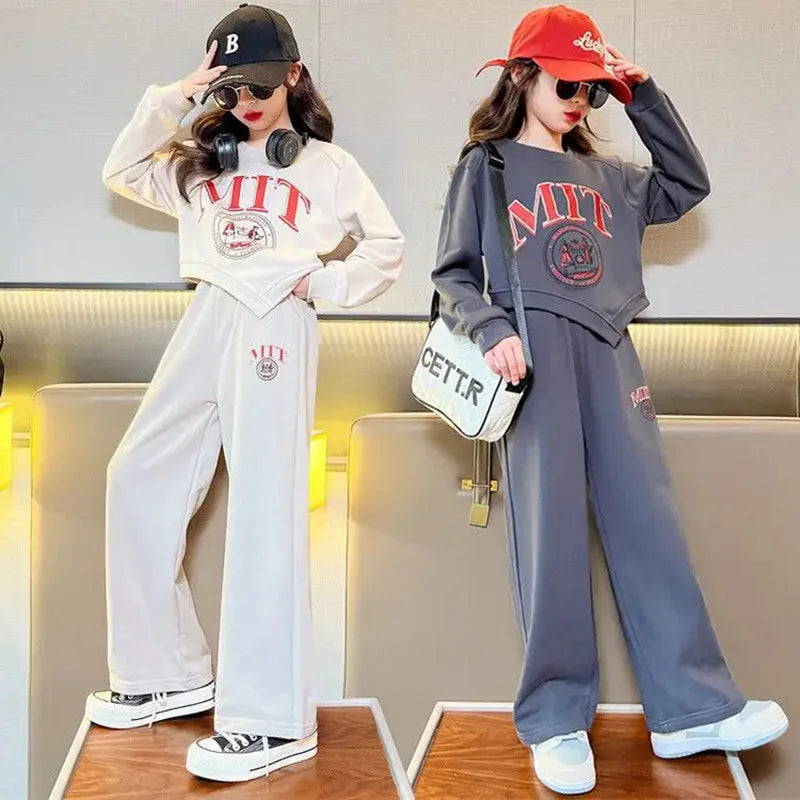Girls Casual Sports Suit Kids Fashion Printed Letter Irregular Top Long Pants 2 Piece Set 3-15Y  Clothing Trend