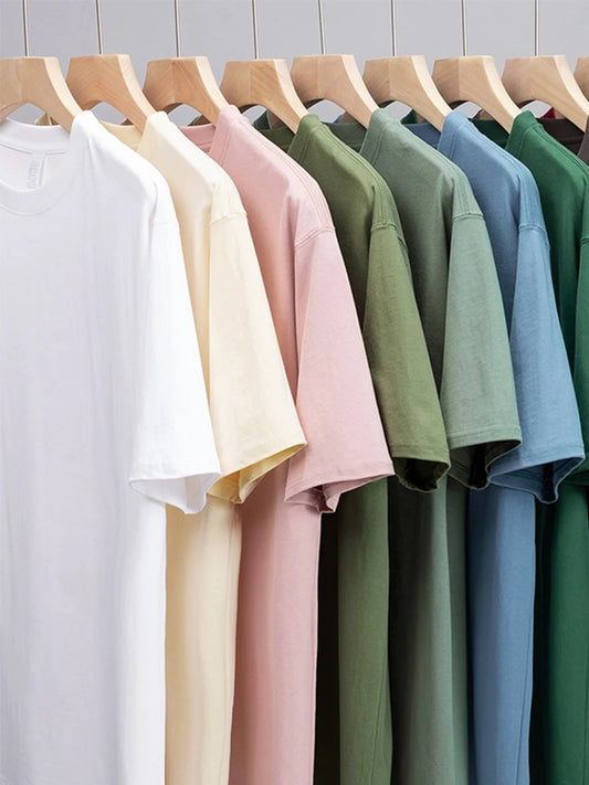 Summer 230G Cotton Basic T-shirt Men Short Sleeve Crewneck Colorful Oversized T Shirt Male Breathable Solid Tee Loose Tops