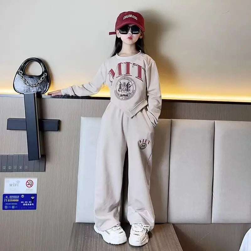 autumn kids Girls Clothes Suit Child irregular letters sweatshirt t-shirt + straight loose pant Tracksuit 8 9 10 11 12 year