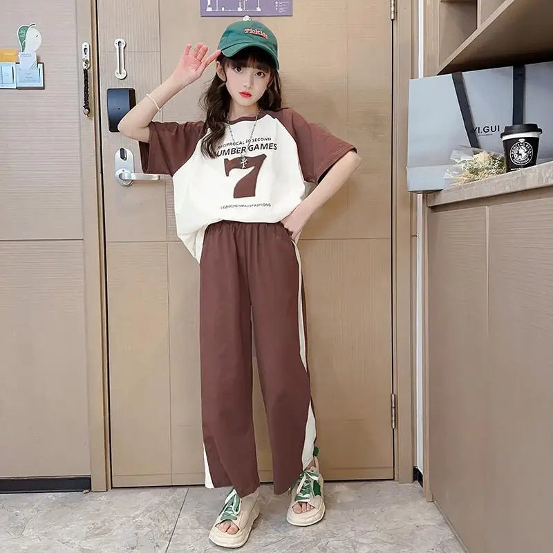 Girls Summer New Fashion Trendy Short Sleeve Suits 4 6 8 10 12 14 Years Youth Teenage Girls Korean Style 2Pcs Tees Clothes