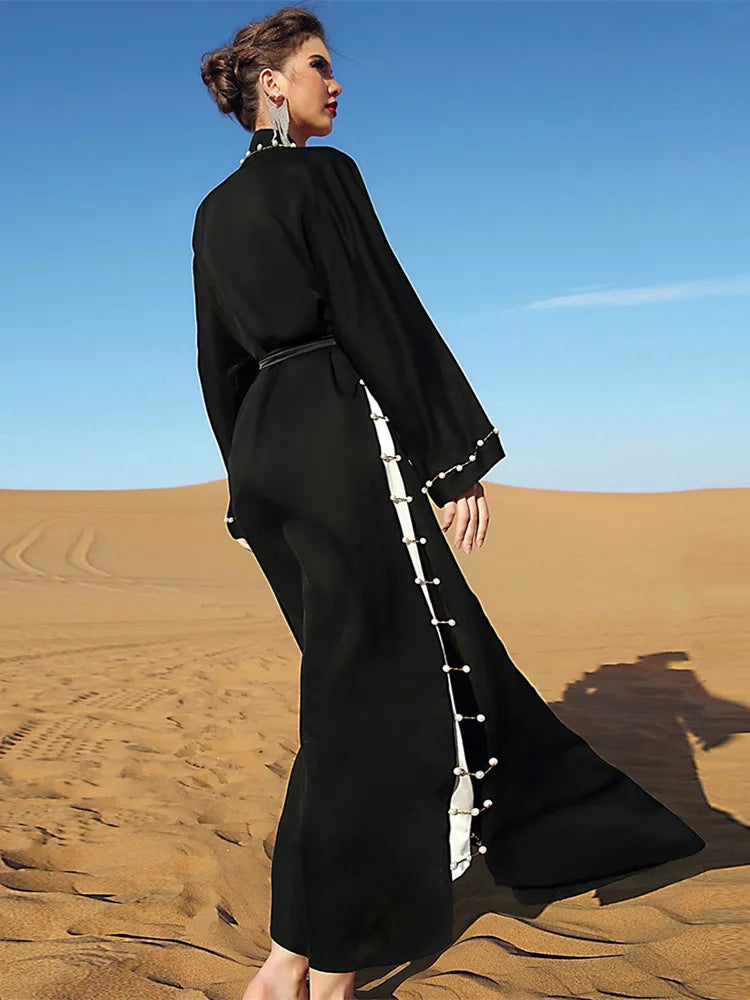 Ramadan Eid Djellaba Abaya Muslim Dress Kimono for women Cardigan Robes Pearl Beading Muslim Islam Abayas With Belt
