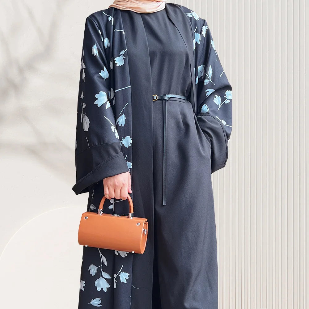 Eid Ramadan Open Abaya Dubai Turkey Kaftan Women Muslim Floral Print Maxi Dress Kimono Cardigan Islamic Clothing Robe Jalabiya