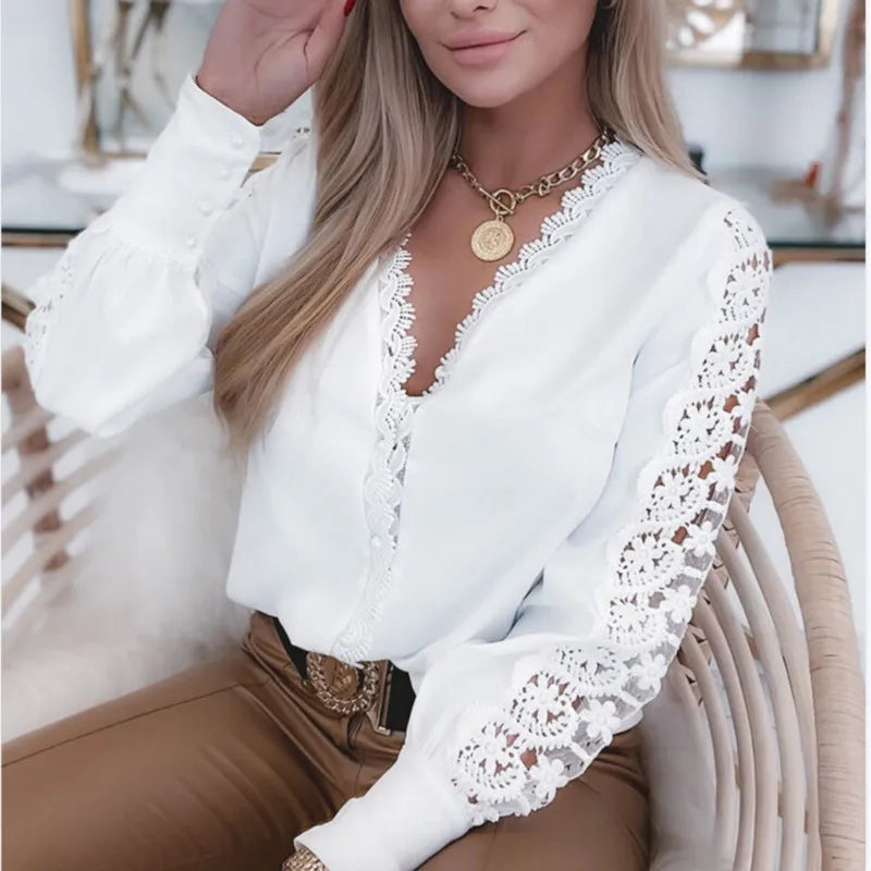 Women's Autumn Fashion White Long Sleeved V-neck Lace Splice Shirt Elegant Women Hollow Out Loose Shirt Blusas