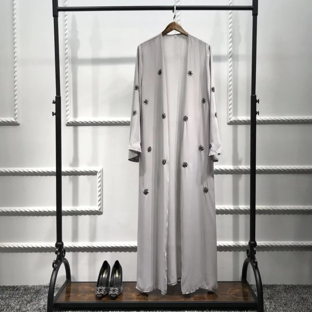 Turkish Style Embroidery Flower Pearl Decoration Grey Color Front Open Crepe Abaya Muslim Dresses