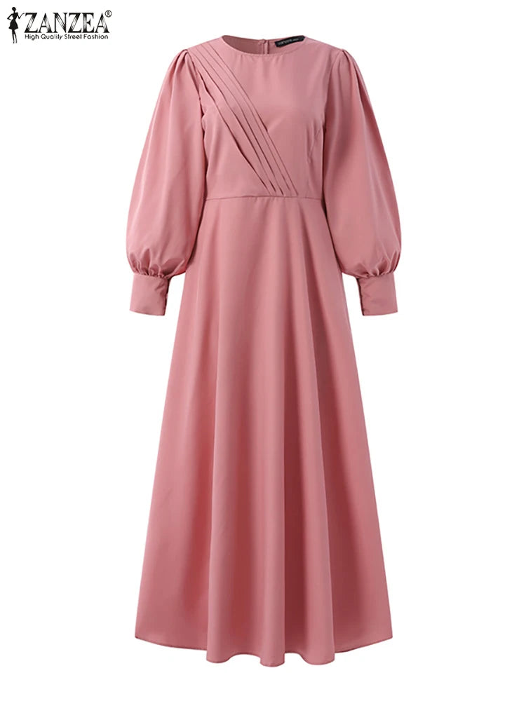 Women Spring Sundress  Vintage Solid Muslim Dress Casual Abaya Marocain Turkish Robe Femme Lantern Sleeve Maxi