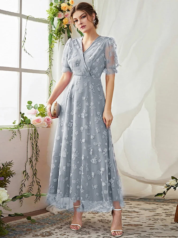 Women Casual Elegant Maxi Dresses  New Summer V-Neck Puff Sleeve Mesh Slim Printed Swing Turkish Evening Party Robe
