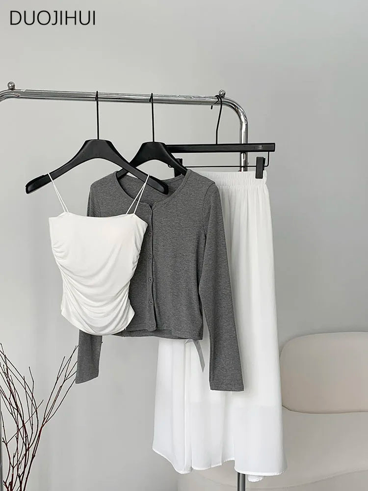 Three-piece Slim Simple Female Skirts Fashion Camisole Basic O-neck Cardigan Casual Solid Color Women Skirts