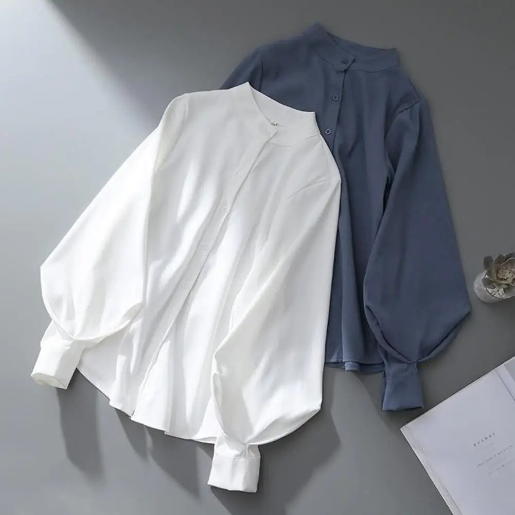 Women Shirt Elegant Women's Stand Collar Cardigan Blouse with Lantern Sleeves for Formal Business Style Commute Solid Color Top