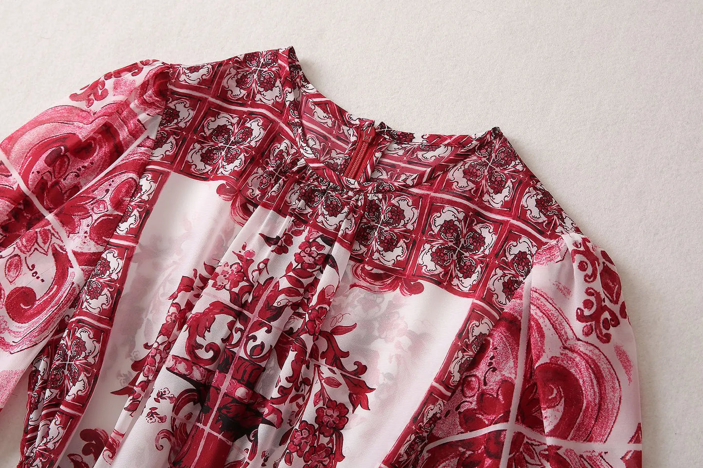 Luxury Fashion Designer Inspired Women's Red Print Chiffon Midi Dress HIGH QUALITY
