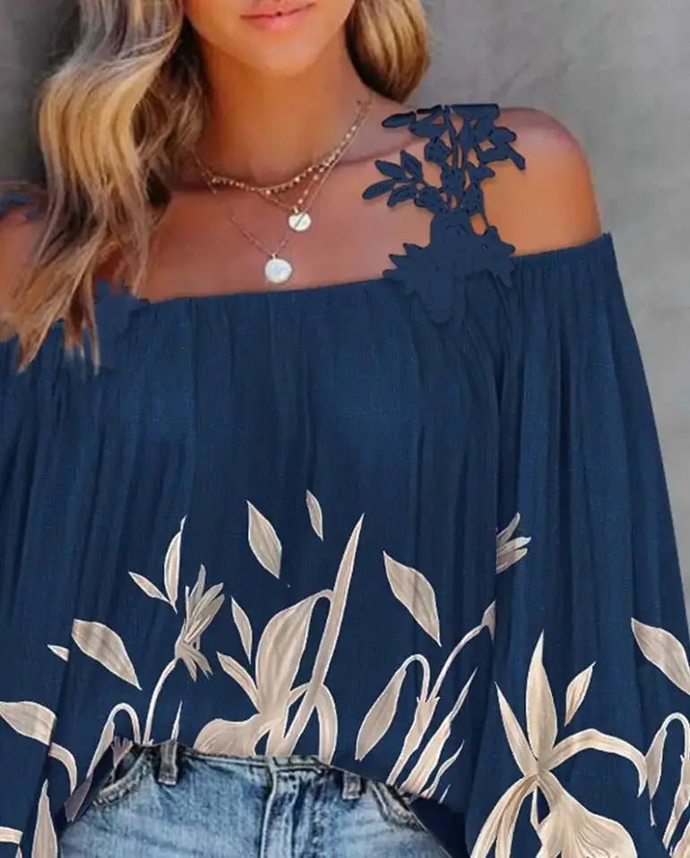 Women's Blouse Tops New Casual Plants Print Lace Patch Cold Shoulder Top Fashion Female Shirt for Women Clothing