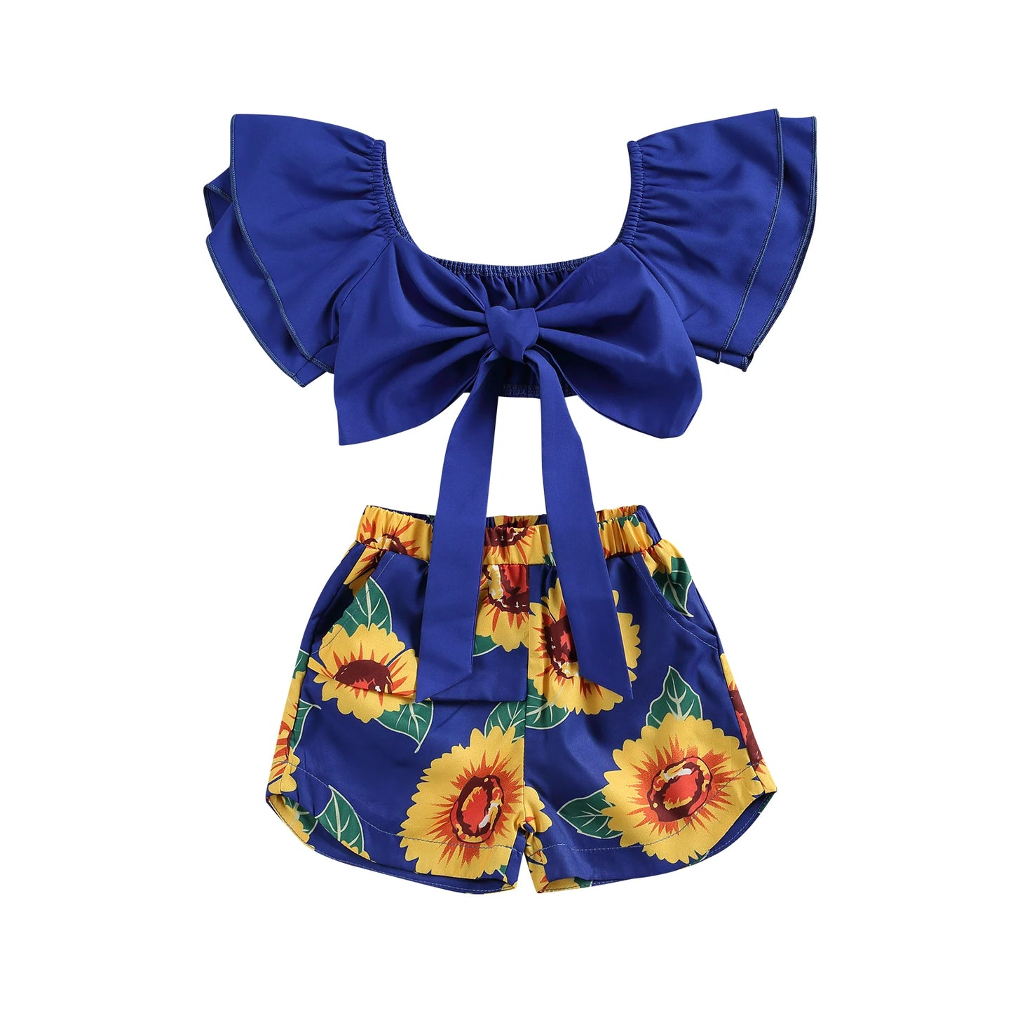 1-6 Year Old Toddler Baby Girl Clothes Watermelon Sunflower Print Ruffle Drop Shoulder Strap Top Shorts 2-Piece Summer Set