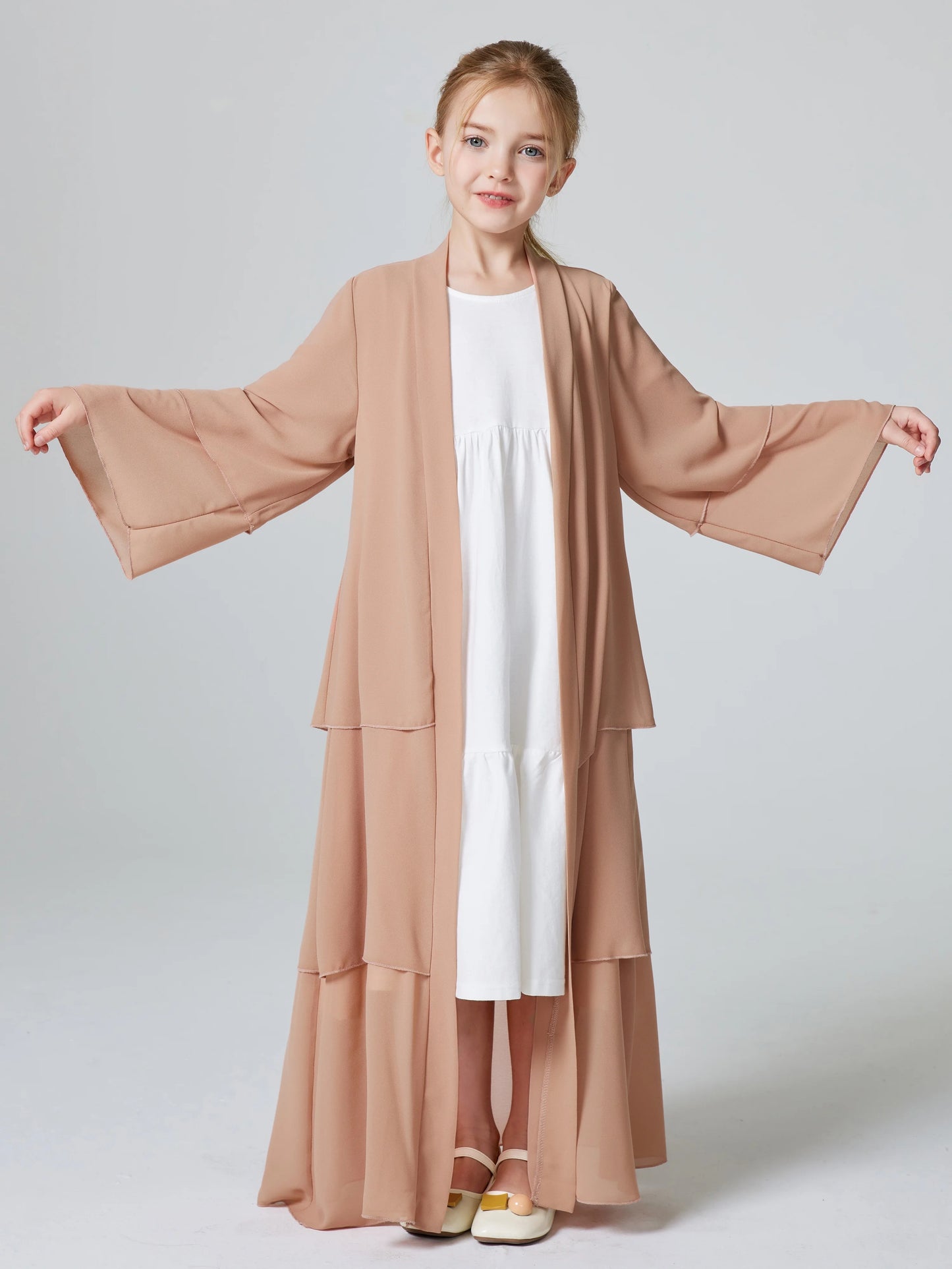 Ramadan  Muslim Girls 3 Layered Chiffon Kids Abaya Dress Open Front Abaya Kebaya Outerwear (Without Hijab)
