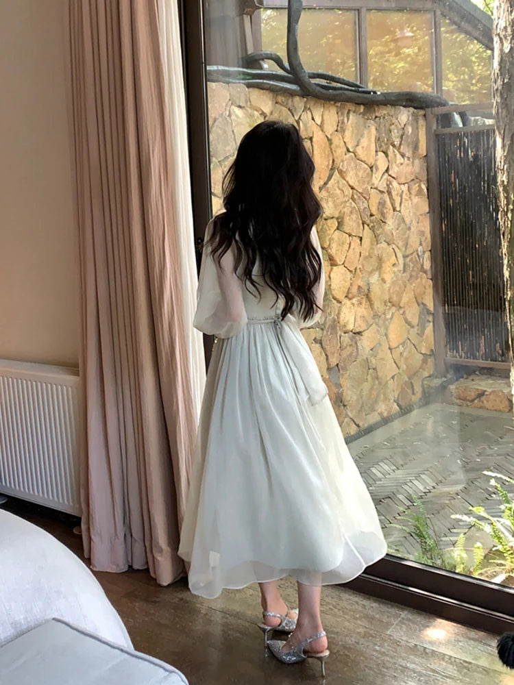Autumn Casual Elegant Chiffon Dress Vintage Even Party Midi Dress Women Outwear One Piece Dress Chic Fashion