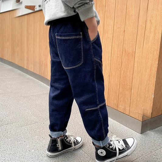 Blue Plain Loose Kids Jeans 3-14 Years  for Boy Trendy Trousers Denim Pants Kids Clothes 4 5 6 7 8 10 12 14 Years Old
