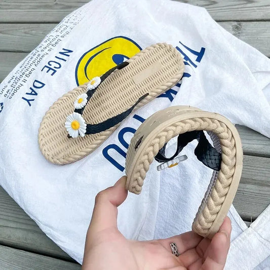 Women's Outer Wear Floral Summer Flip Flops Korean Style Wear-resistant Ladies Flat Sandals Beach Slippers