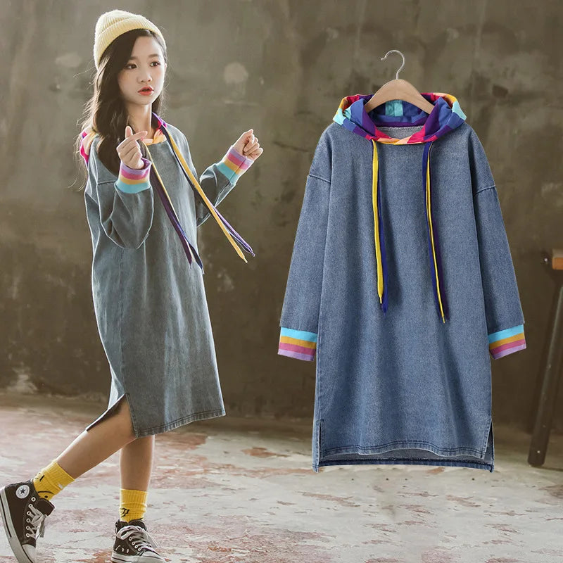 Teenager Girls Autumn Winter Kids Sweater loose demin Dresses Princess rainbow hooded sweatshirt