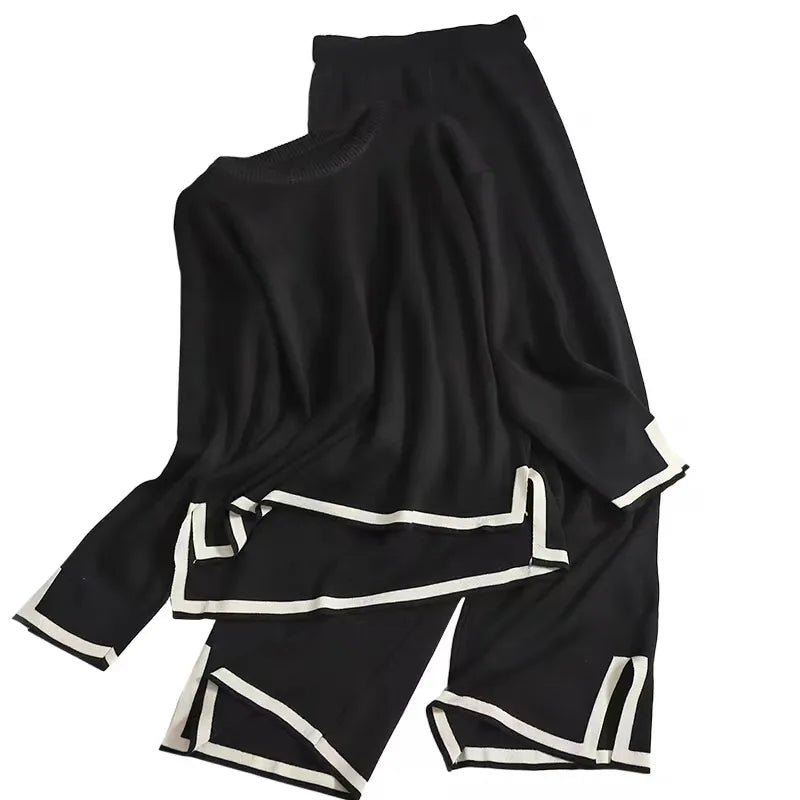 Women Long Sleeve, 2 Piece Suits Casual Woman Knitting Sweater and Split Long Wide Leg Pant Two Pcs Sets