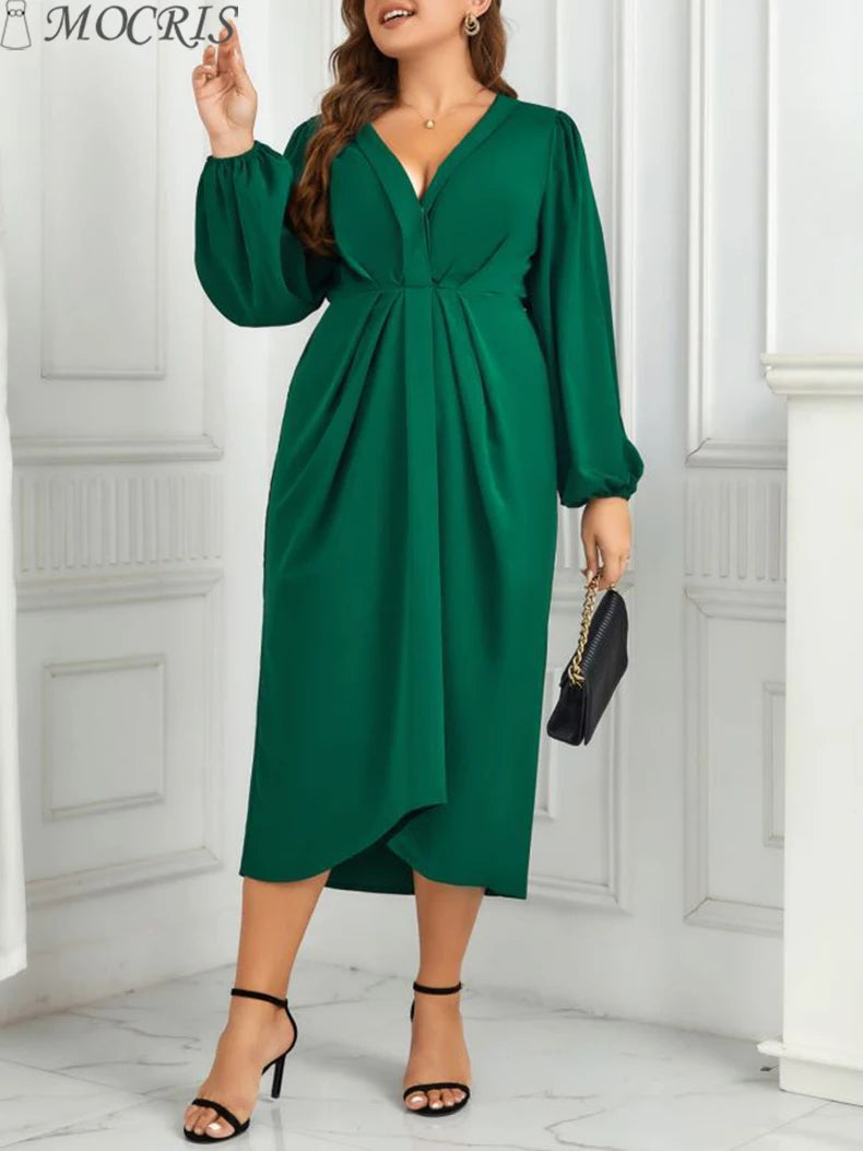 Elegant and Pretty Loose Long Sleeves Dress for Women, Plus Size Casual Irregular, Pleated, V-neck, Party Dresses, Free Shipping