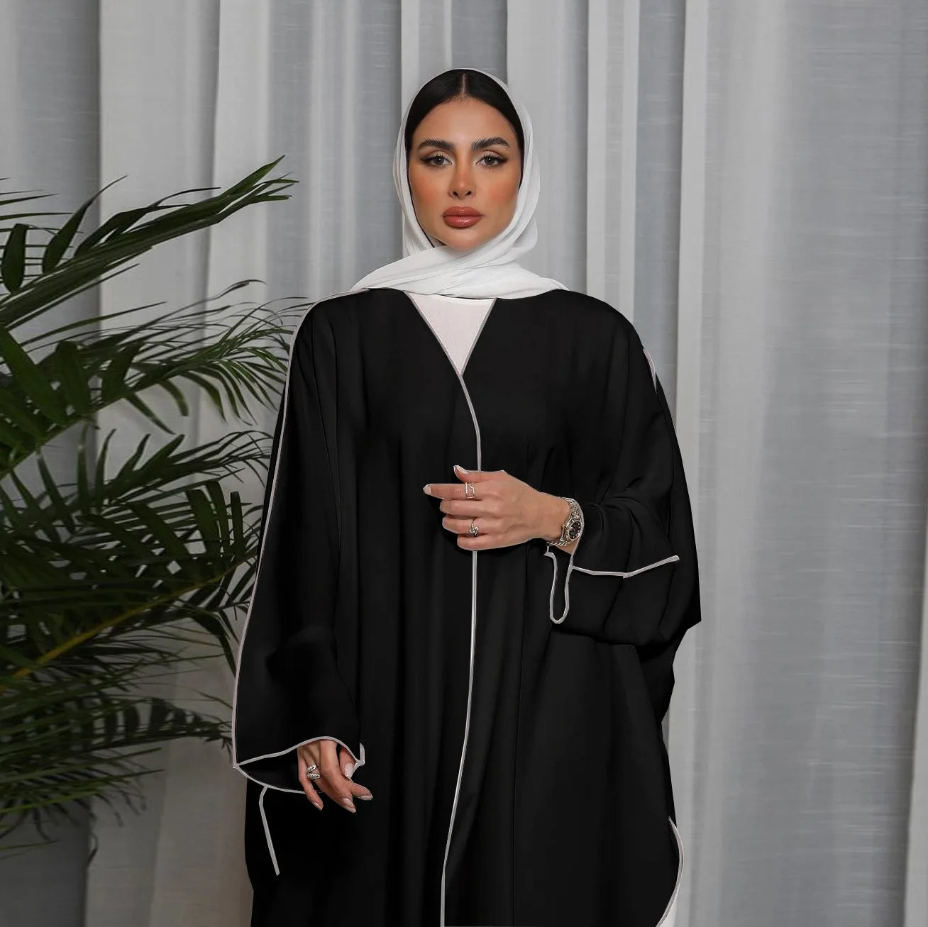 Open Front Long Sleeve Abaya Dress, Elegant Contrast Trim Maxi Length Dress, Women's Clothing