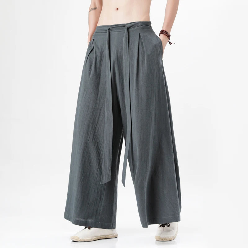 Chinese Style  Linen Cotton Linen Pants Man Japanese Kimono Pants Male Streetwear Summer Retro Wide-leg Loose Trousers for men