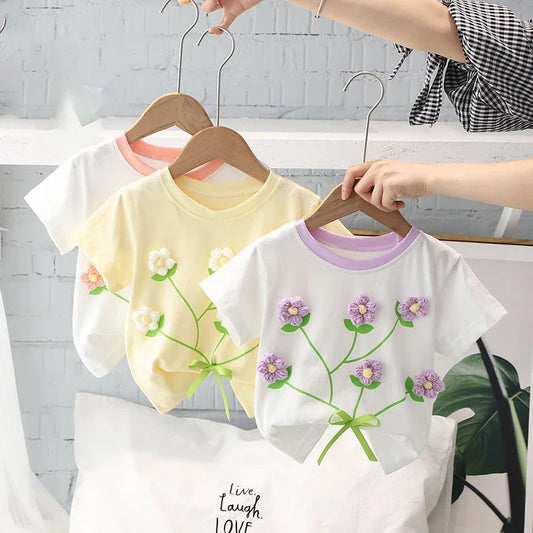 Kids Girls Flower T-shirts  New Arrival Children Summer Floral Cotton Tops Baby Girls Cute Clothes Baby Girls Purple Tops