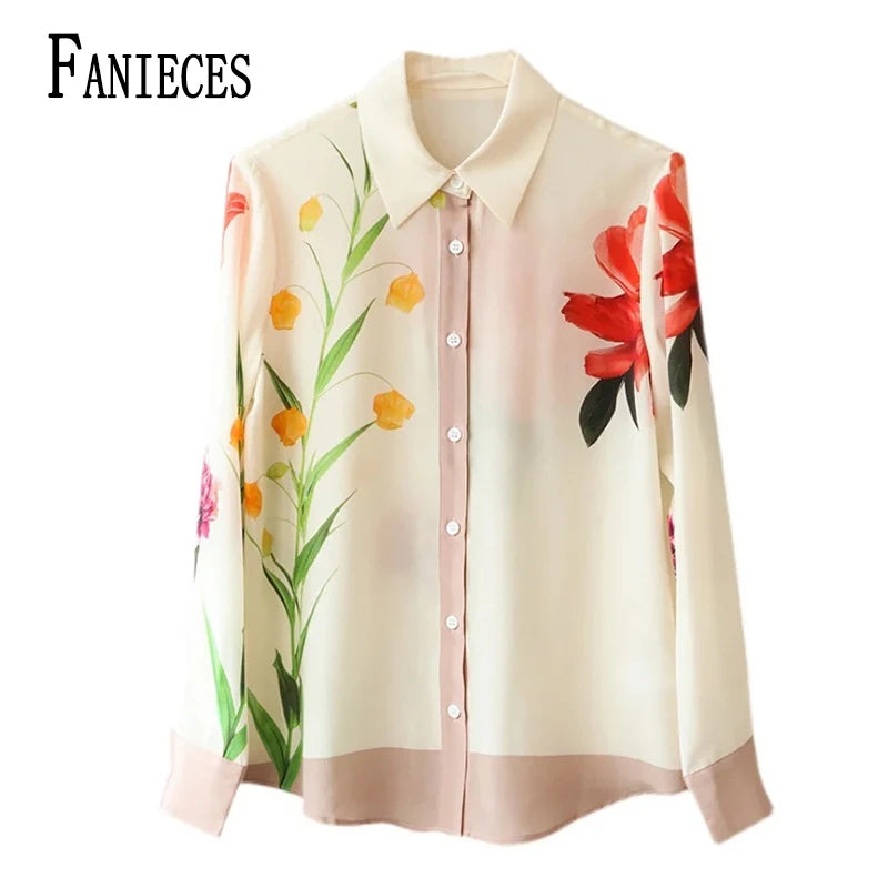 Women Spring Summer Satin blouses Blouses Shirt Lady Casual Long Sleeve Turn-down Collar Print Slim Tops