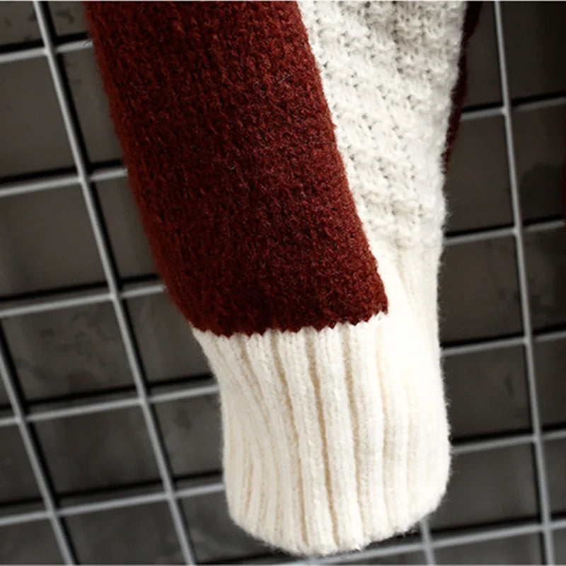 Men Sweater Warm Fashion Stitching Color Matching Pullover Round Neck Sweater Thickened Knitted Sweater