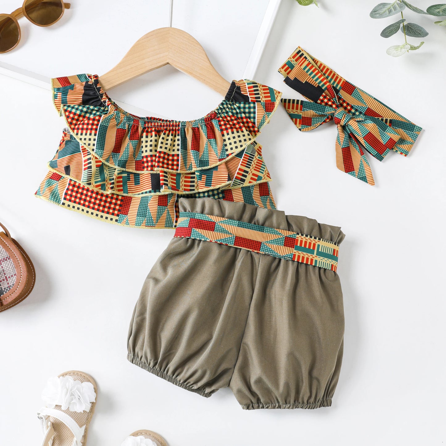 Baby Girl Sweet Geometric Pattern and Ruffle Edge 4pcs Top/Pants/Headband/Belt Set