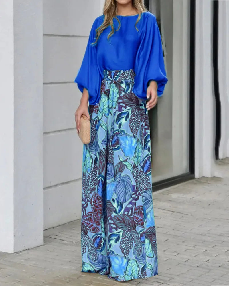 Summer Elegant Women's Leisure Fashion Set  Women's New Lantern Sleeves Loose Solid Tops Printed Wide Legs 2 Piece Set S-3XL