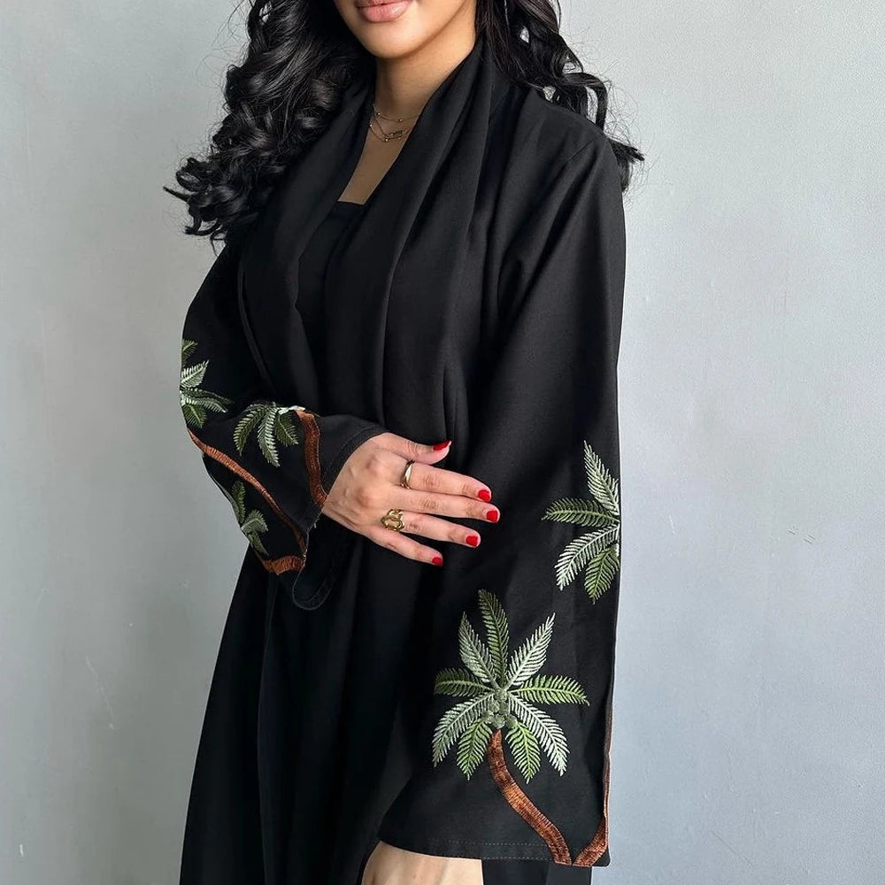 New Black Casual Open Kimono Abaya For Muslim Women Ramadan Eid Jalabiya Embroidery Long Sleeve Robe