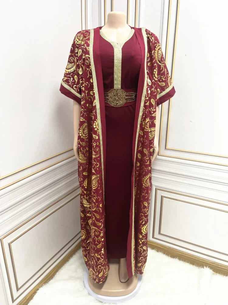 Abaya For Women Eid Dress 2 Piece Set Belted Abayas Kaftan Cardigan Long Robe