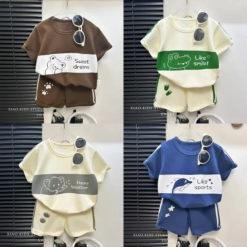 Kids Short Sleeve Suit Striped Girls Boys Set Summer Tops +short Baby Clothes Children's Wear